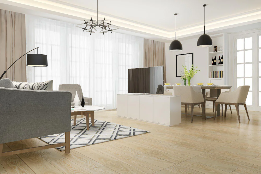 Contemporary room with laminate-style flooring